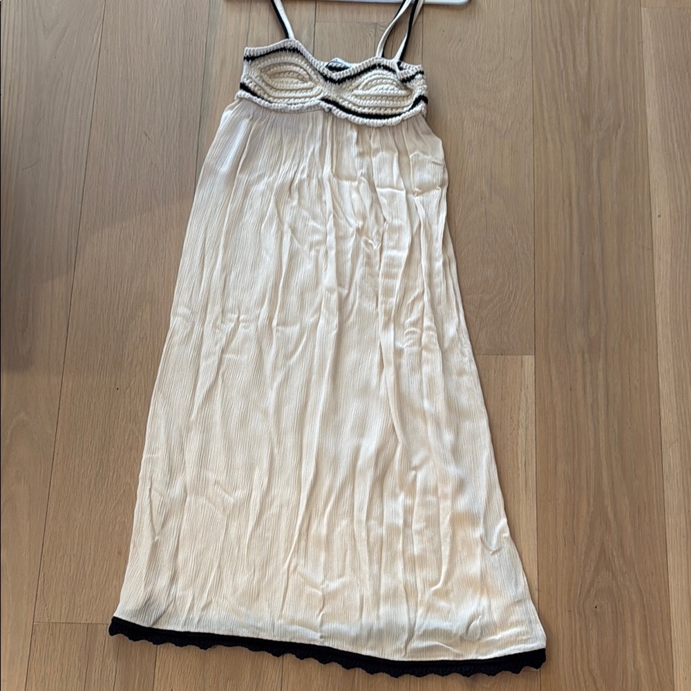 Zara Cream and Black Midi Dress with Spaghetti Straps